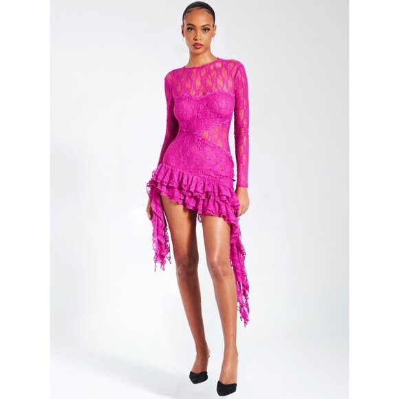 Maira Fuchsia Lace Long Sleeve Ruffle Dress - Picture 8 of 15